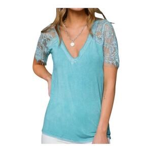 POL NWOT Deep V Dainty Lace Sleeves Scalloped Edge Crazy Soft T-shirt Teal Small